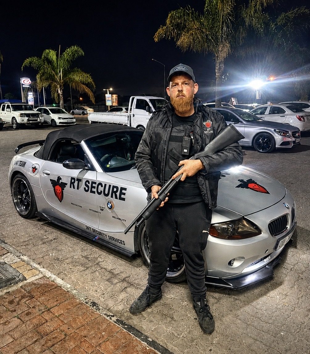 An RT Secure armed response officer on duty beside a branded response vehicle at night