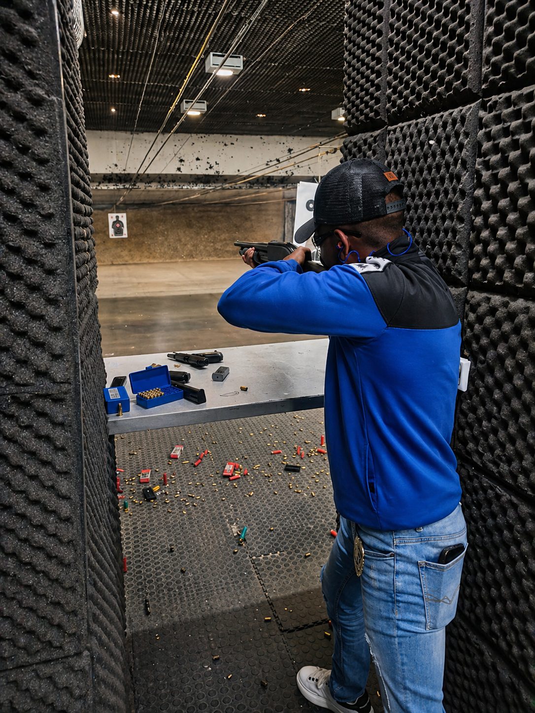An RT Secure officer practising with a shotgun at an indoor shooting range